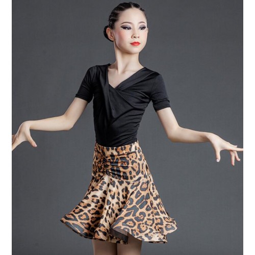 Girls kids blue leopard black latin dance dresses modern ballroom stage performance salsa dance costumes for children